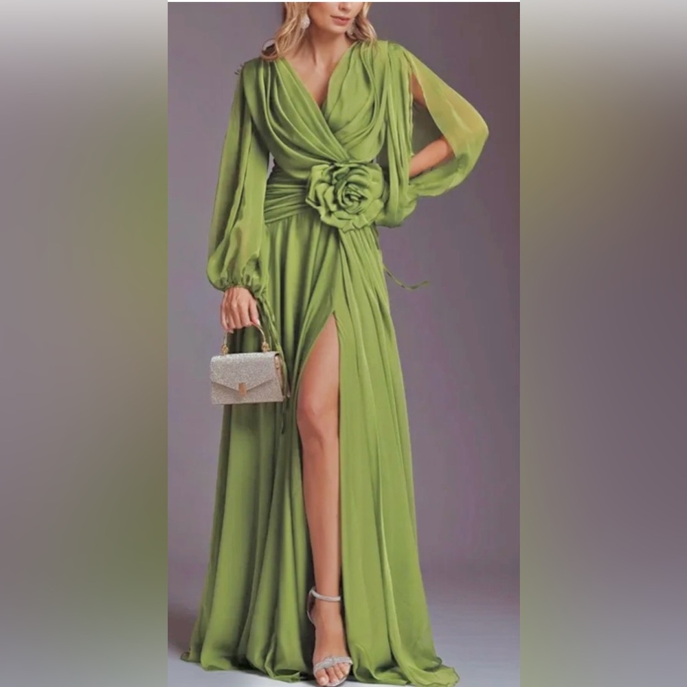 Elegant Chiffon Solid Color Long Slit Puff Sleeve Maxi Dress - Picture 4 of 14